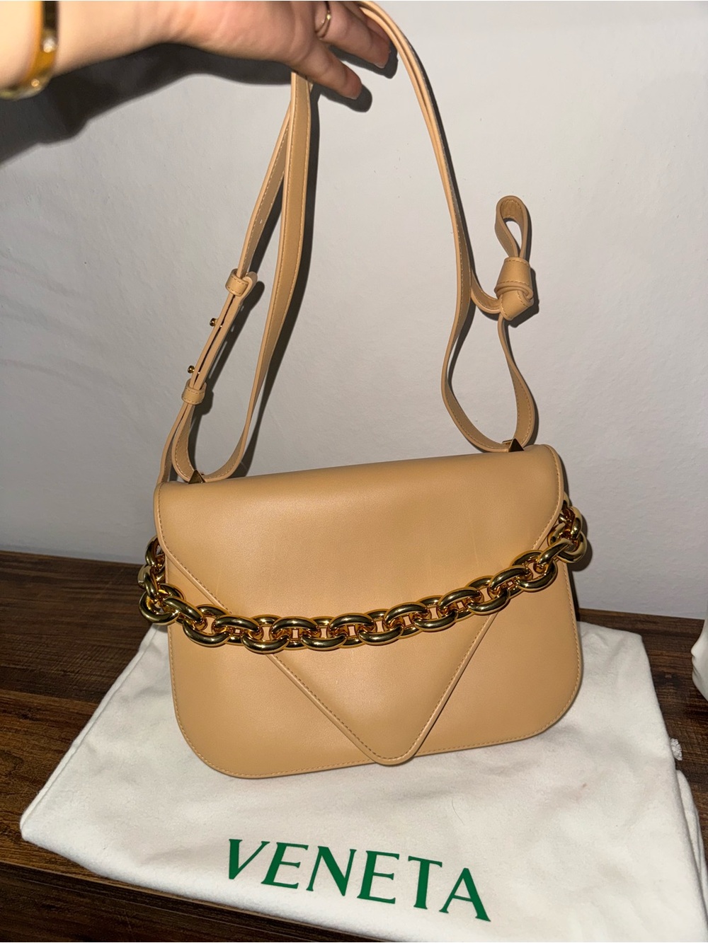 Bottega Veneta Beige Leather Shoulder Bag with Bold Gold Chain